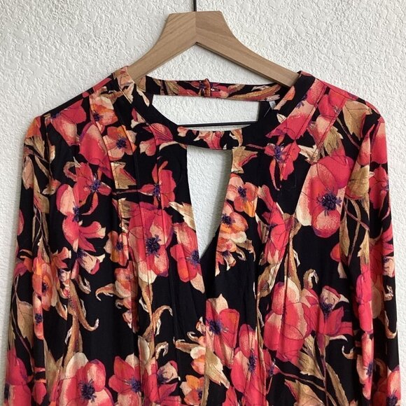 Free People Tegan Red Black Mini Dress Size 12 Bell Sleeves Pockets Boho Style - Picture 9 of 14